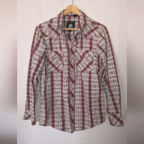 Southwest Rodeo Cowboy Red and White Plaid Button-Up Shirt Small - Picture 1 of 4